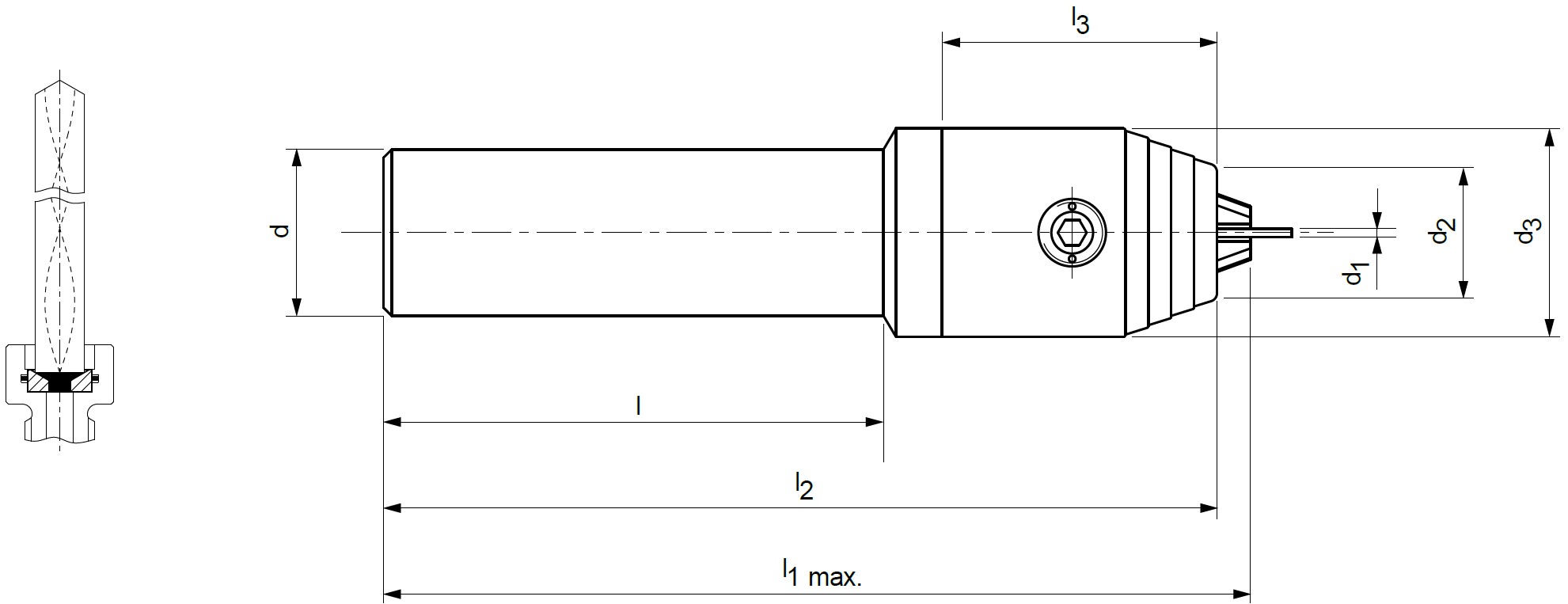 Schema Bohrfutter, Mikroausführung, Zylinderschaft