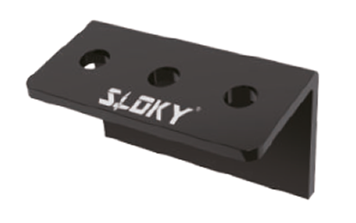 Black metal L-shaped mounting bracket with three circular holes and a vertical lip, labeled 'SLOKY'.