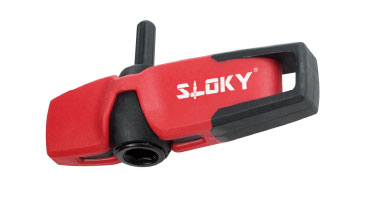 Red handheld cutting tool (glass/pipe cutter) with a black cutting wheel and clamping jaw, branded SLOKY.