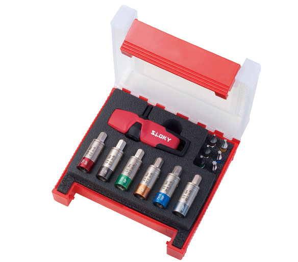 Red plastic tool case opened to reveal a socket wrench set with color-coded metric sockets in foam, plus bits and a red quick-release handle.