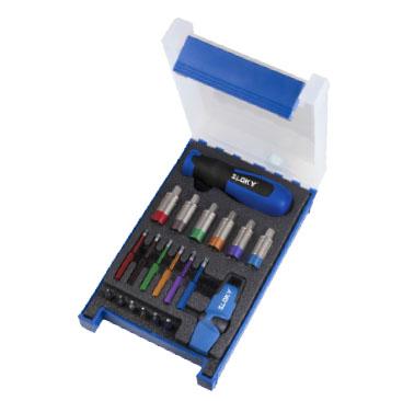 Open blue and white toolbox displaying a socket and bit set, including a ratchet, assorted screwdriver bits, and color-coded sockets.
